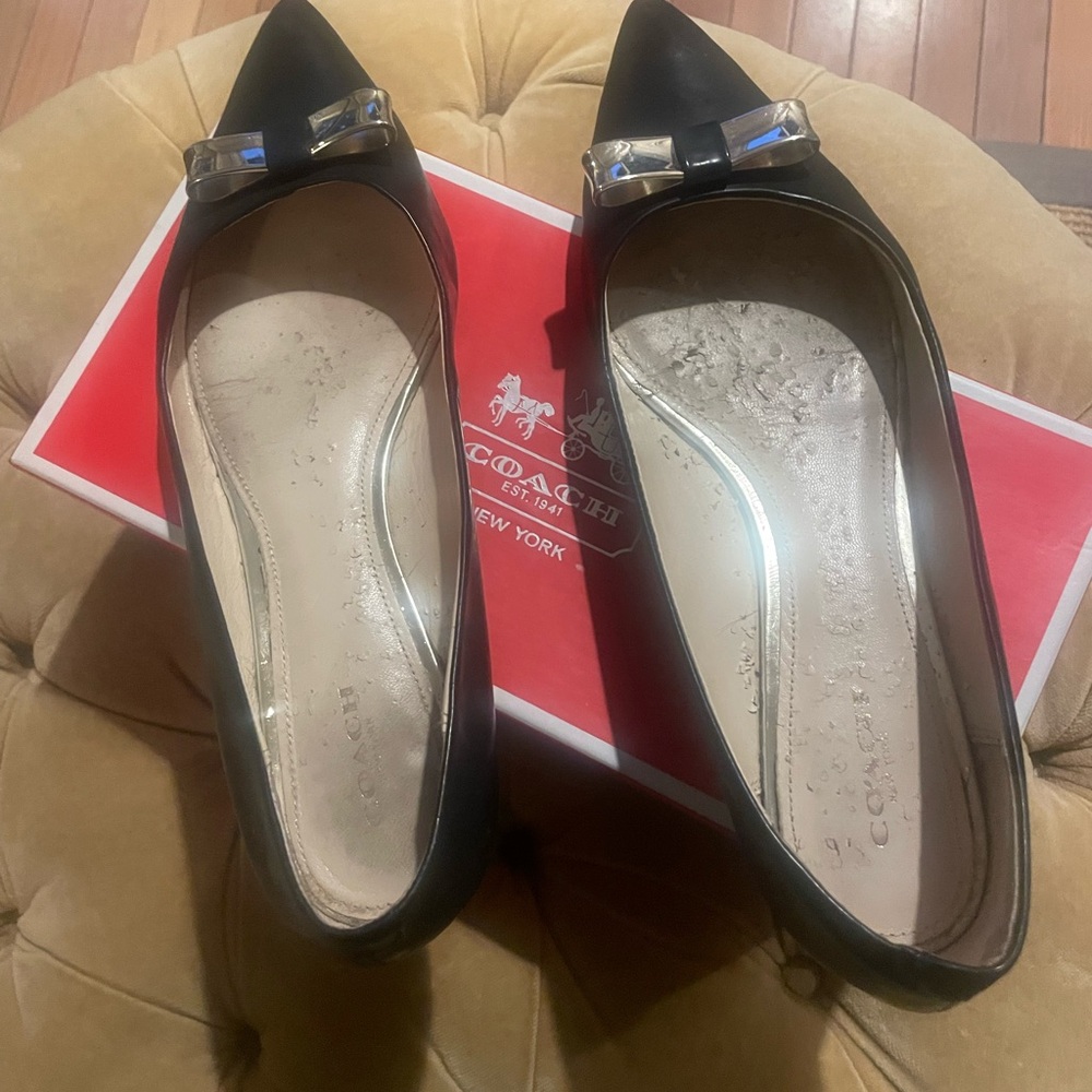 Coach Black Flats with Silver Bow Accent